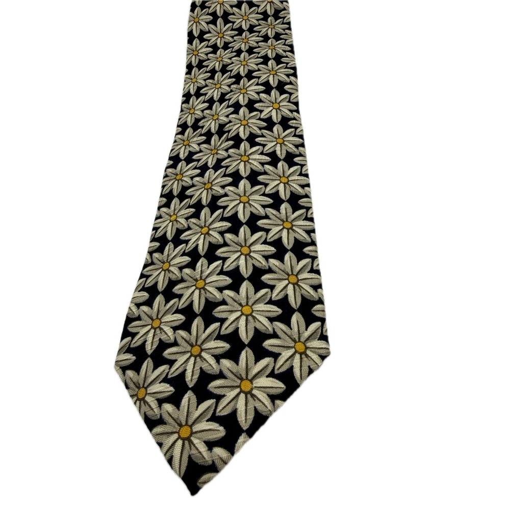 Structure La‎ Collezione Mens Silk Tie Navy Blue Cream Yellow Daisy Floral Print